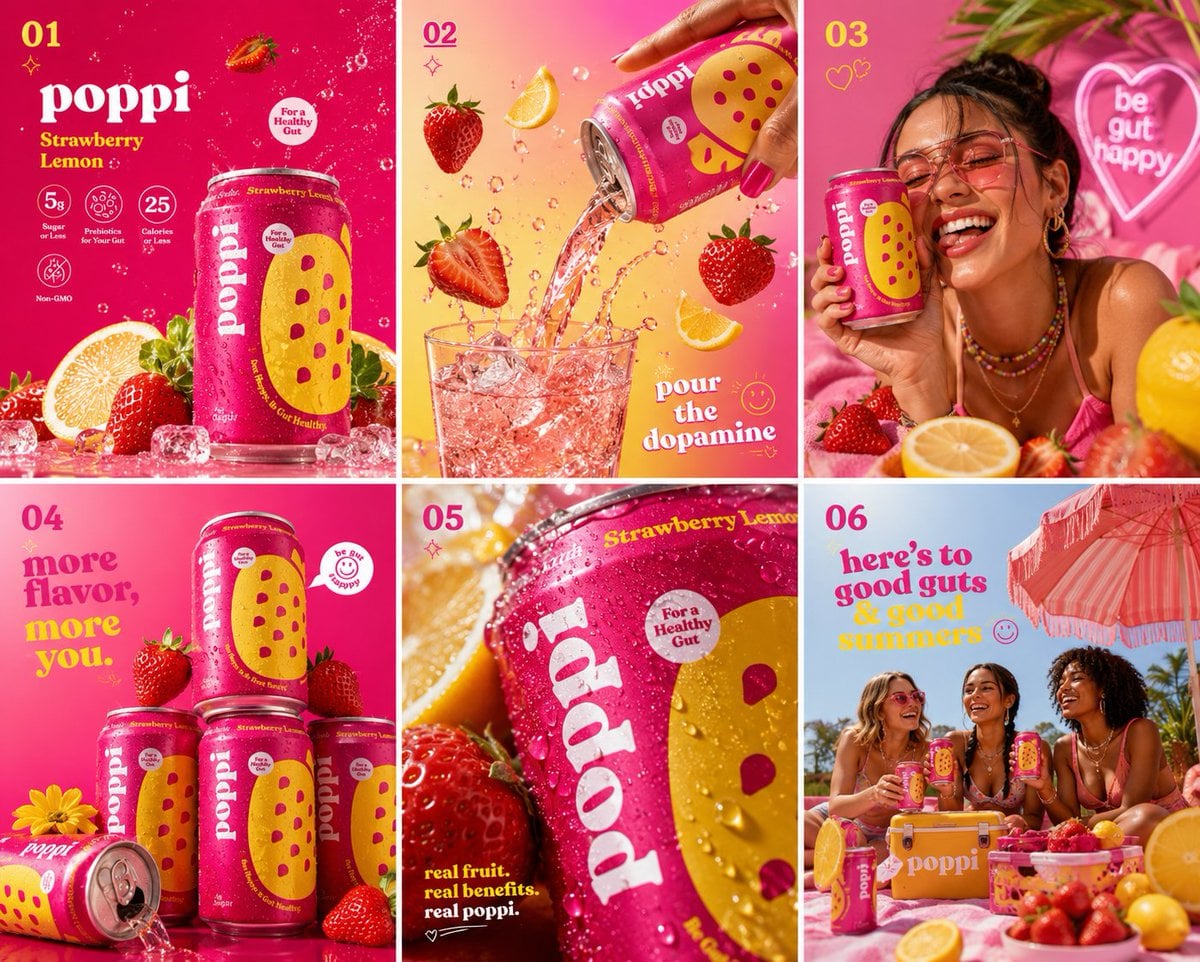 Ultra vibrant Poppi Strawberry Lemon soda hero shot, hot pink seamless background, oversi…