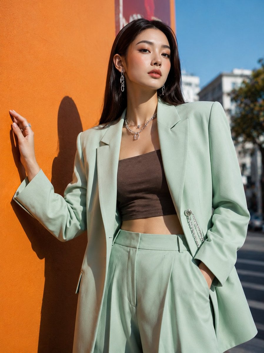 Using the provided reference image, create an ultra-realistic Korean street-fashion edito…