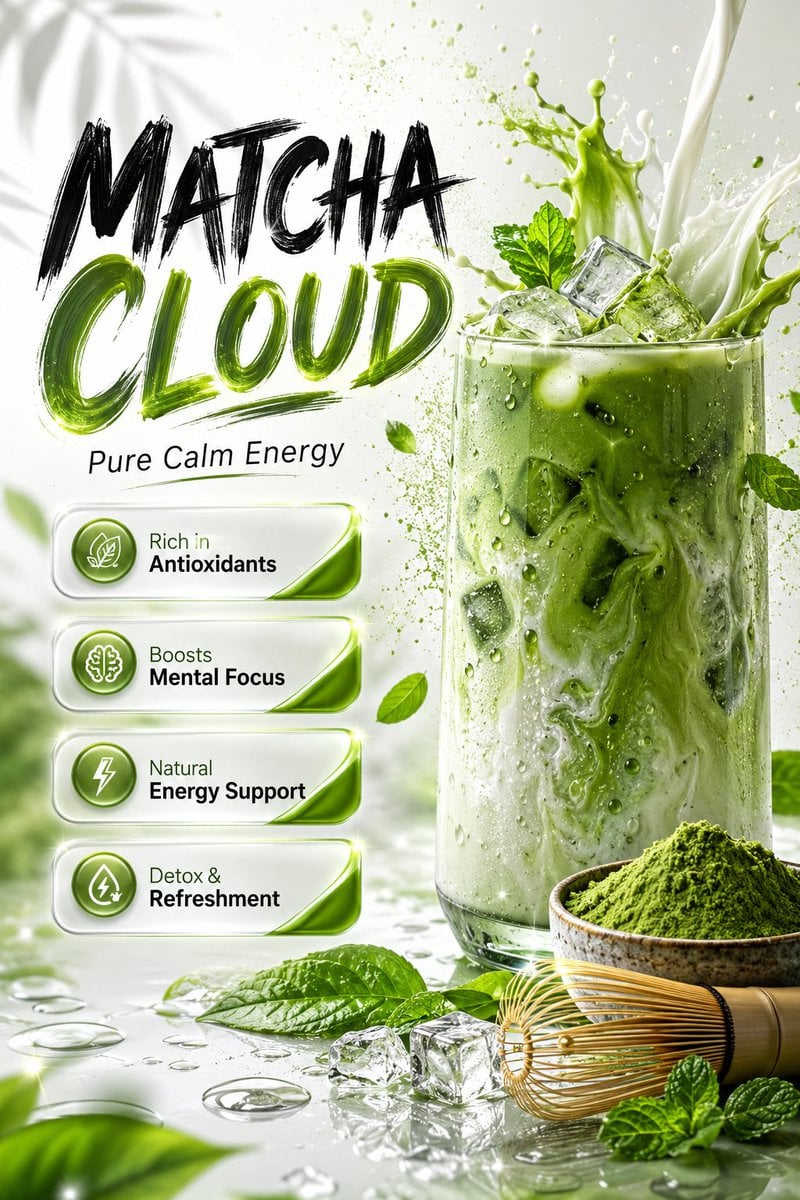Ultra-realistic premium matcha beverage advertisement poster design, luxury wellness drin…