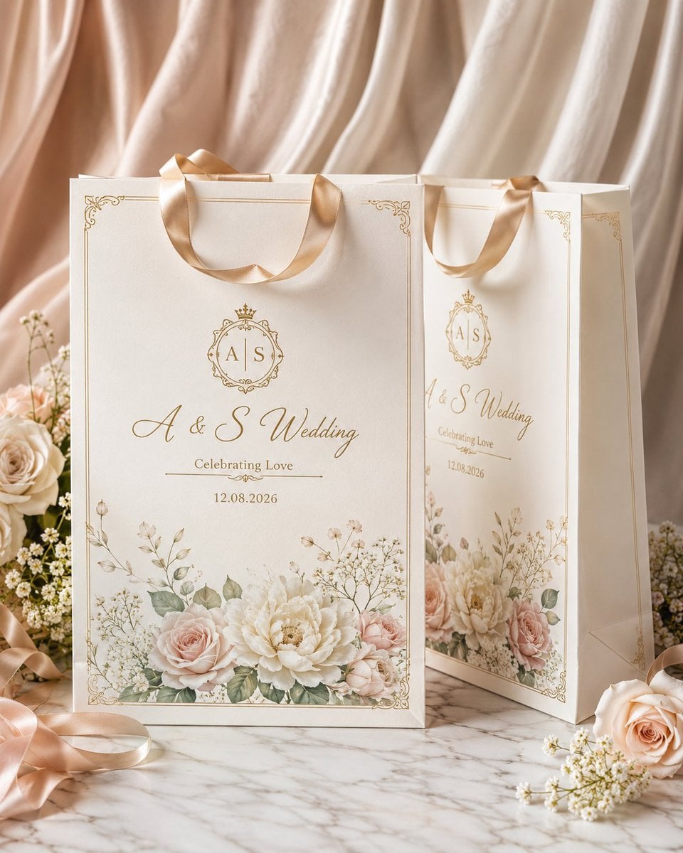 Create a high-end luxury wedding gift bag mockup in a clean premium studio setting.