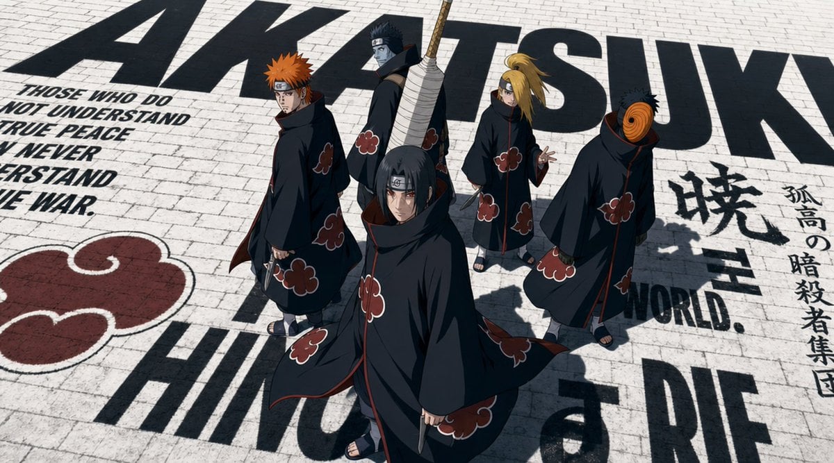Five handsome Akatsuki members from Naruto standing at the center of a vast black-and-whi…