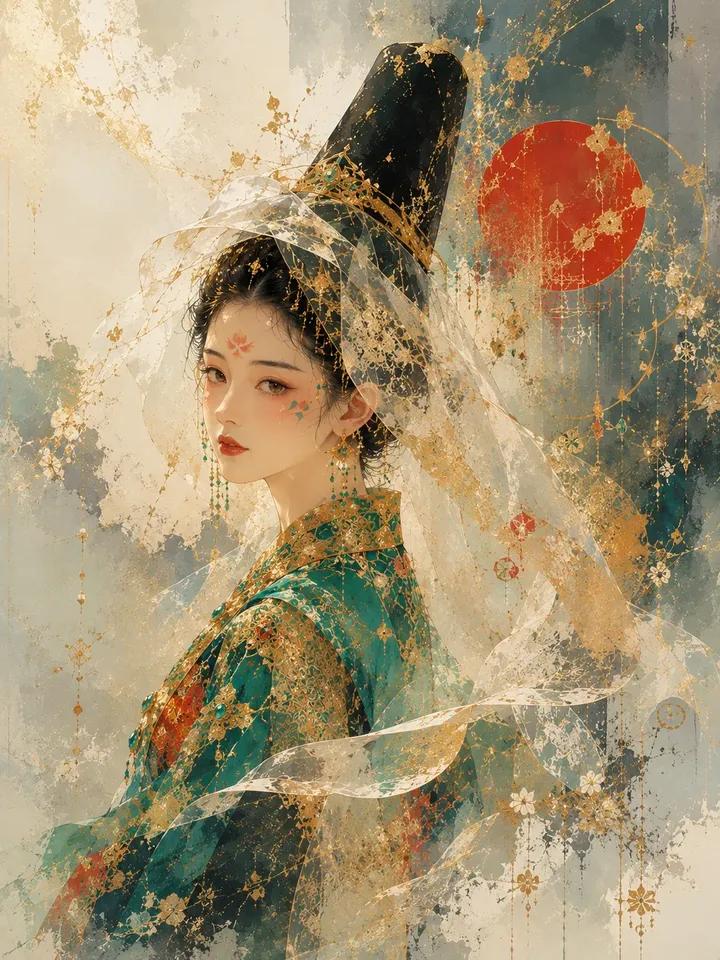 Ultra-detailed ethereal portrait of a beautiful East Asian royal princess wearing traditi…