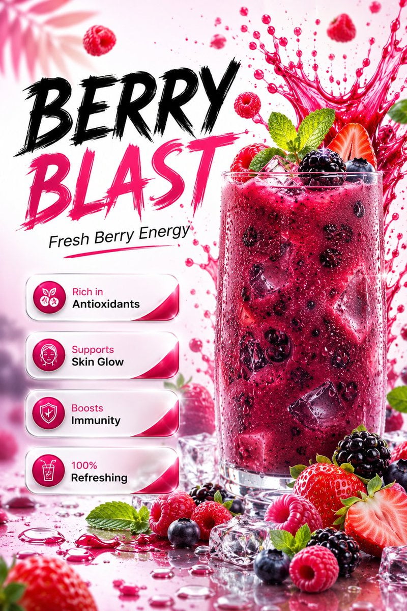Ultra-realistic premium mixed berry beverage advertisement poster design, luxury summer s…