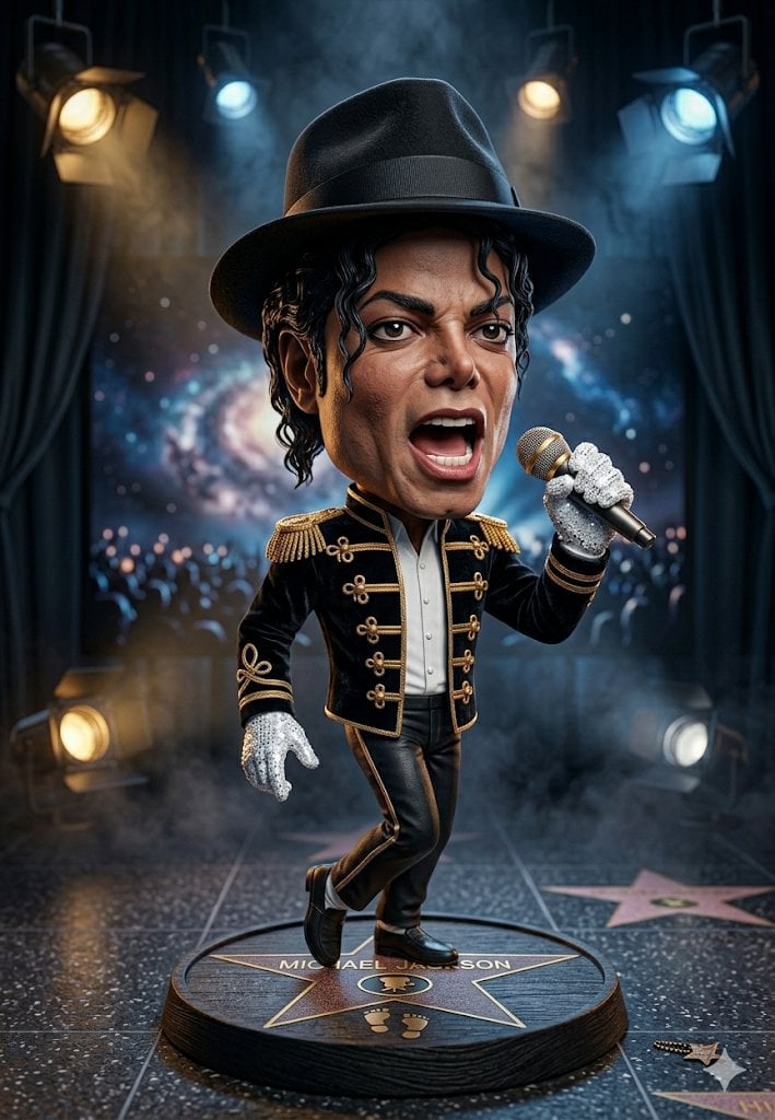 A hyper-detailed 3D caricature figurine of a legendary pop music icon, bobblehead chibi s…