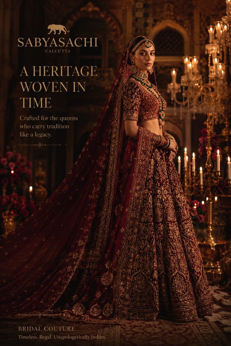 Luxury haute couture bridal fashion campaign inspired by elite Vogue, Dior, Sabyasachi, E…