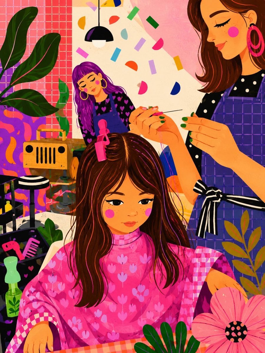 A vibrant whimsical digital illustration of a cozy indie hair salon, featuring a young gi…