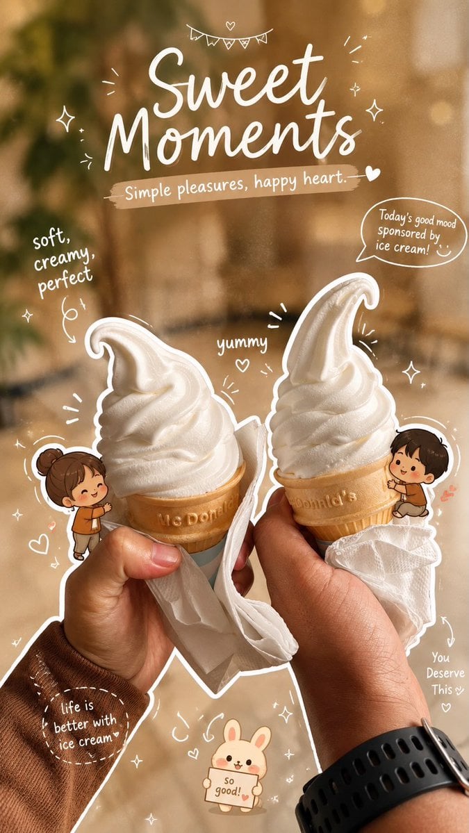 Close-up aesthetic photo of two hands holding vanilla soft serve ice cream cones, cozy wa…