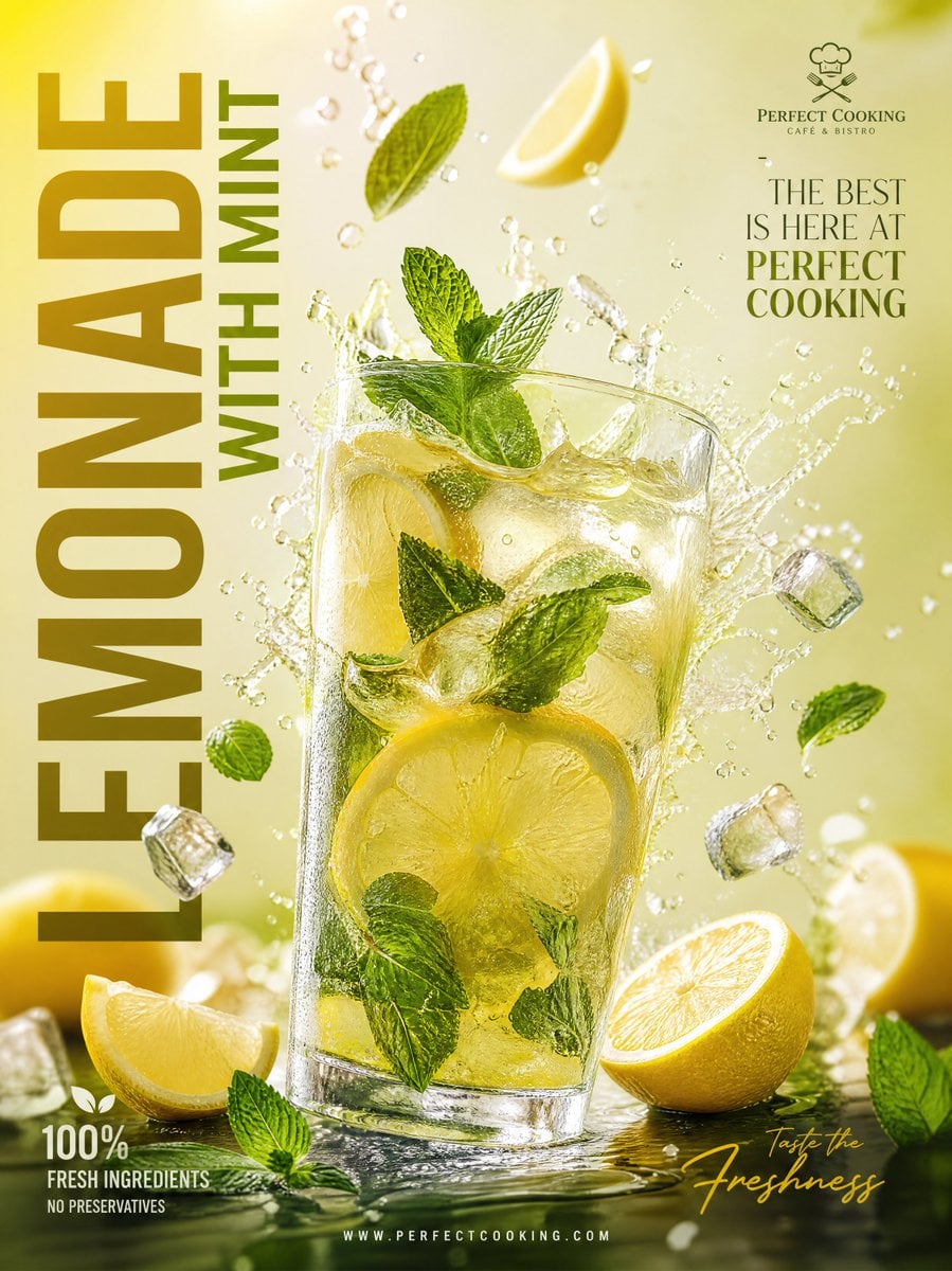 Ultra-realistic premium lemonade advertisement poster design, luxury modern café branding…