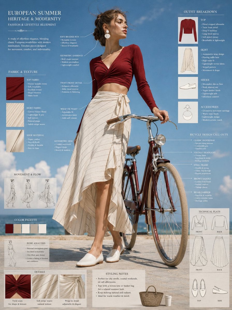 Fashion blueprint sheet of an elegant young woman posing beside a vintage bicycle, full-b…