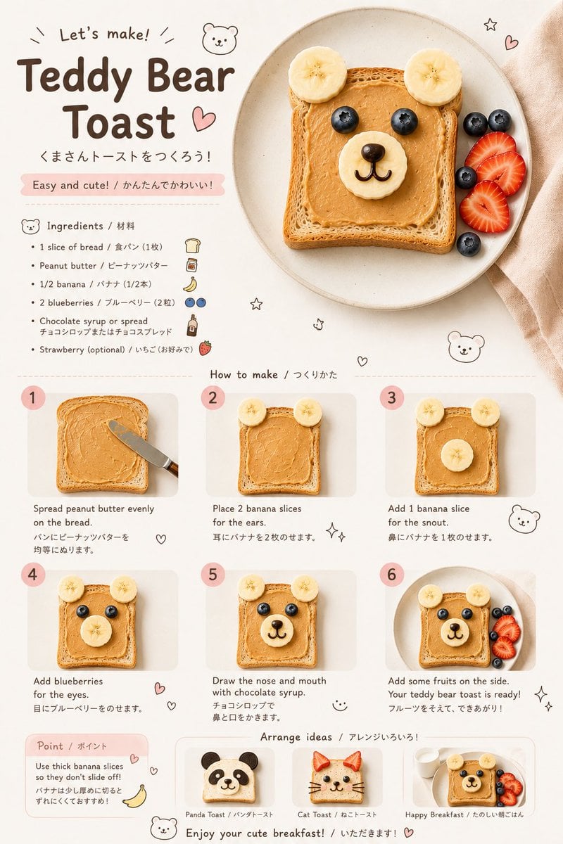 Create a realistic children’s food-art recipe infographic in a minimalist Japanese/Korean…