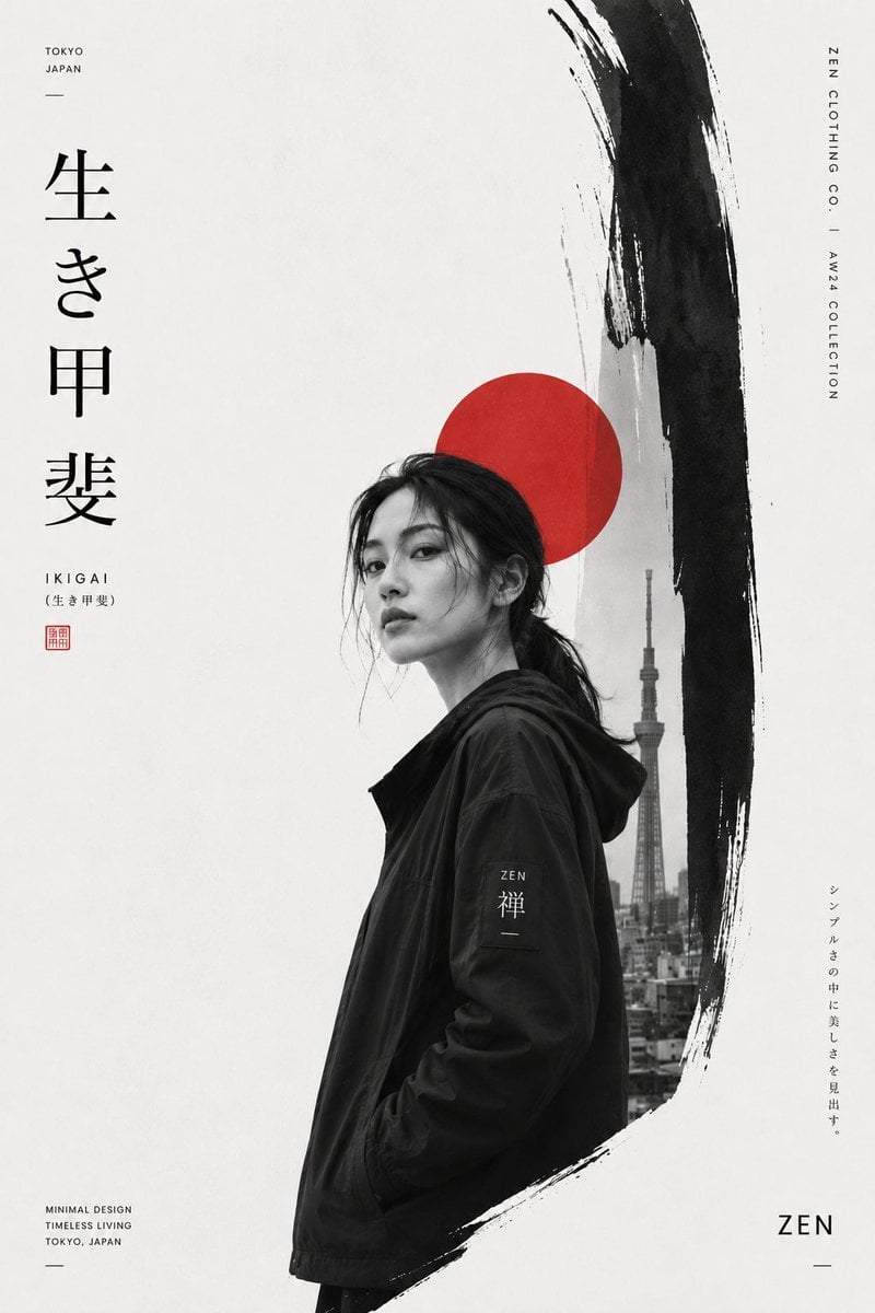 Create a premium Japanese-inspired minimalist fashion editorial poster featuring a stylis…