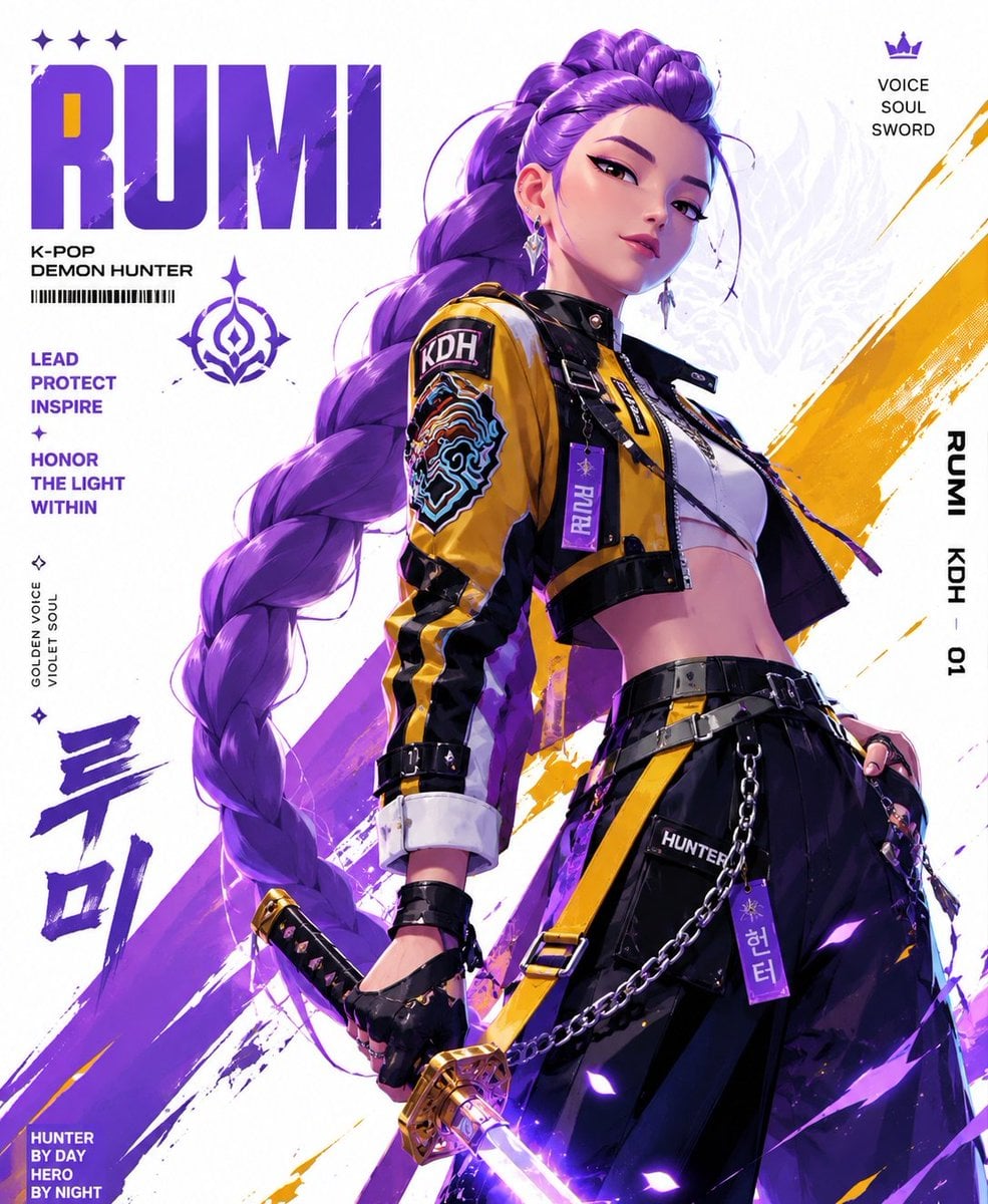 Create a stylized illustration of Rumi from the anime series Kpop demon hunter