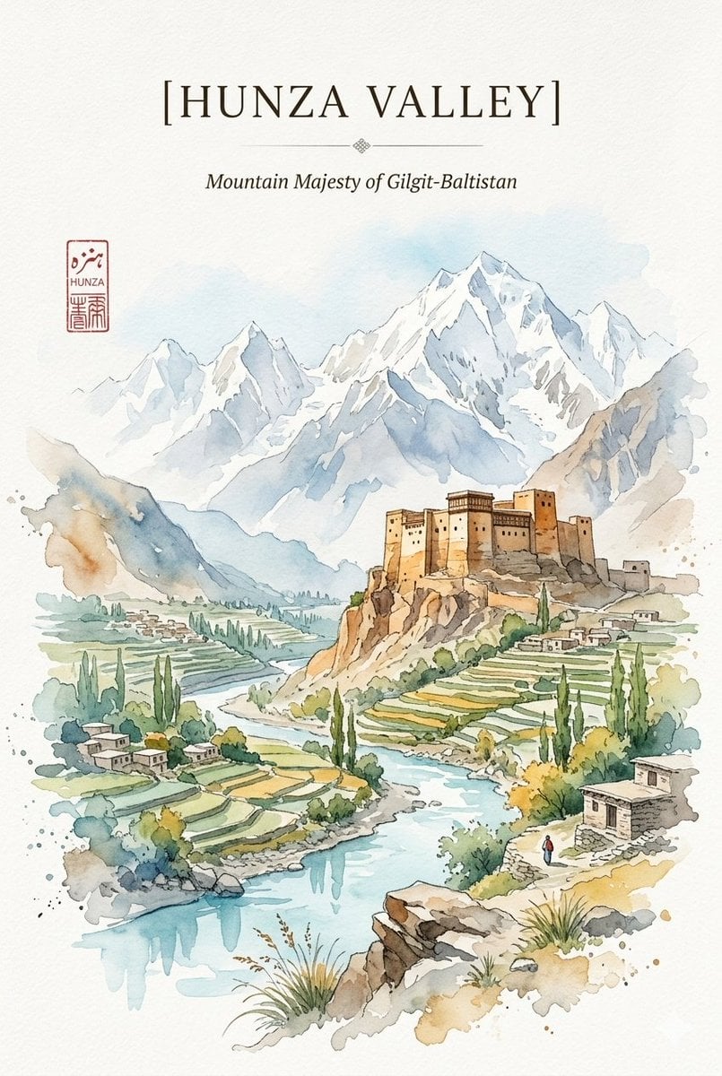 Watercolor travel poster that harmonizes the rugged heritage of the Hunza Valley with the…