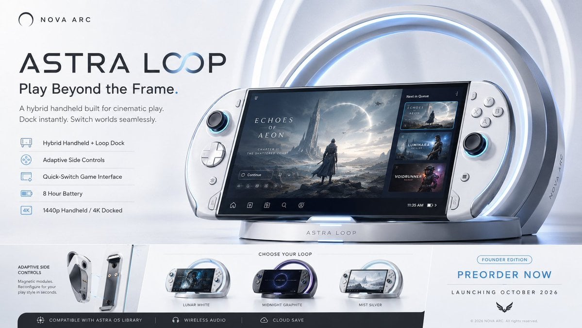 Create a premium, highly believable Fictional Console / Handheld Ad for an imaginary gami…