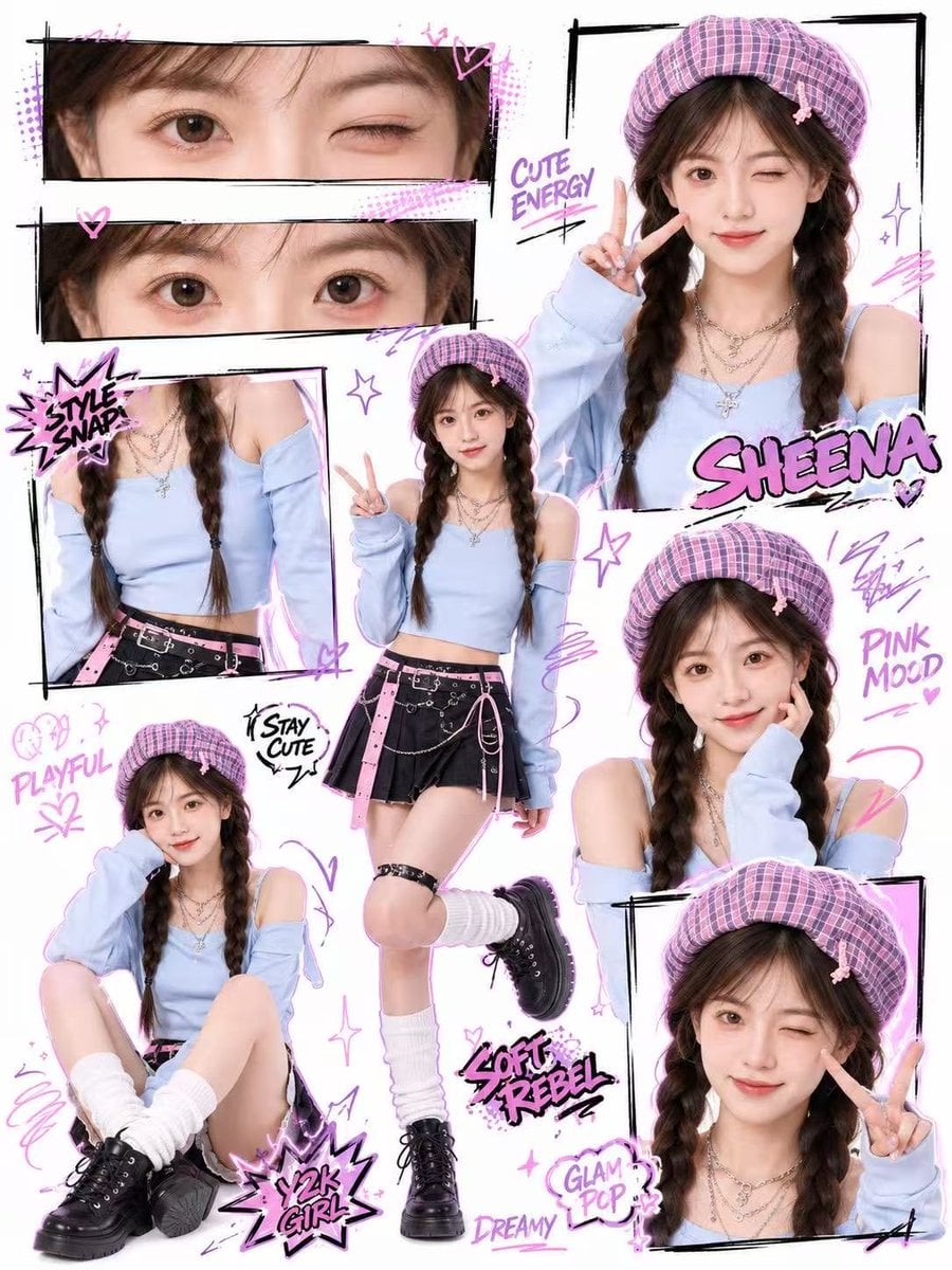 Create a high-quality Y2K kawaii street-style collage poster based on the uploaded portra…