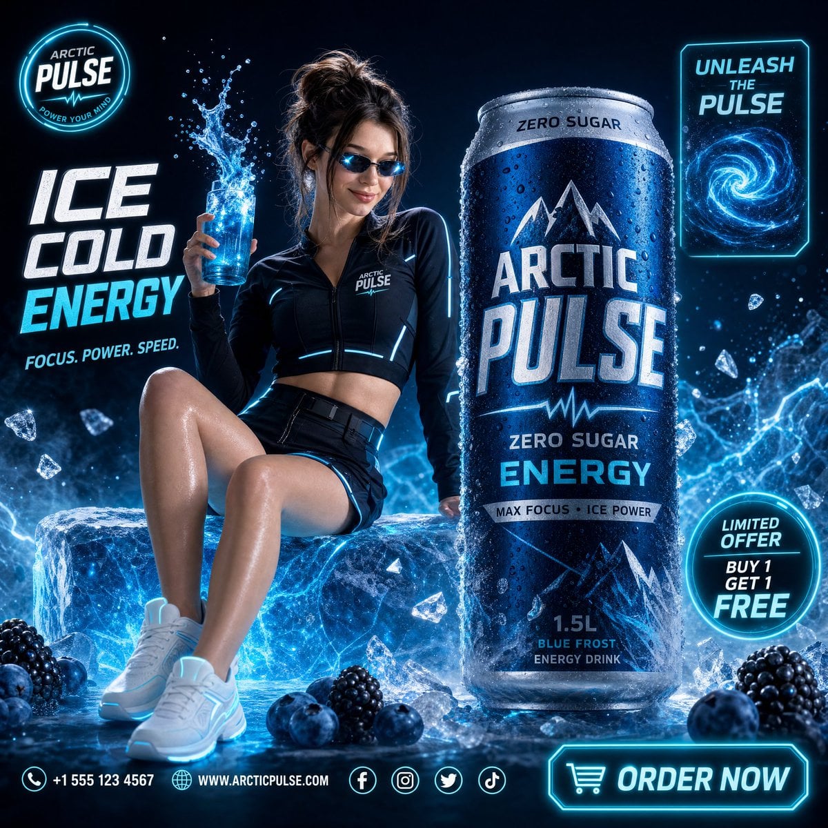 A high-end commercial beverage advertisement for "Arctic Pulse Energy Drink" — ultra cine…