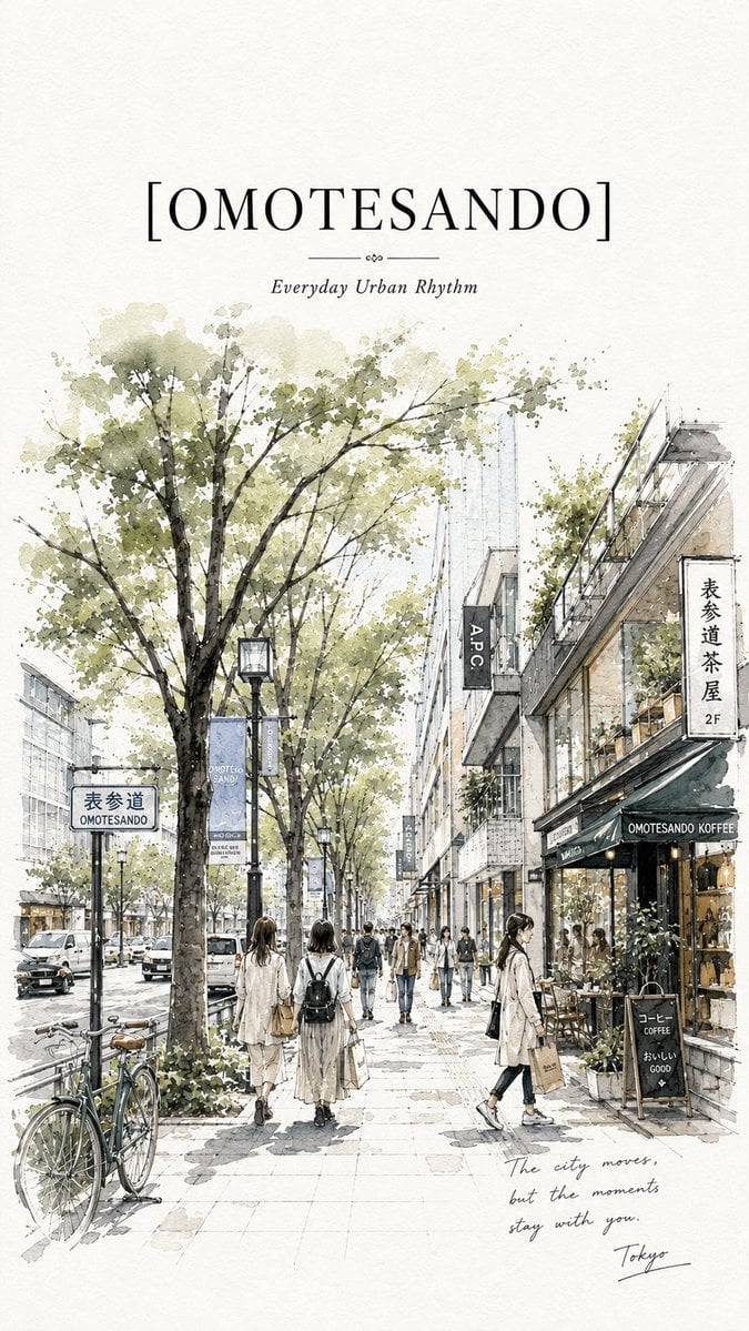 Minimalist ultra-high-resolution travel sketch poster of Omotesando, Tokyo, on clean whit…