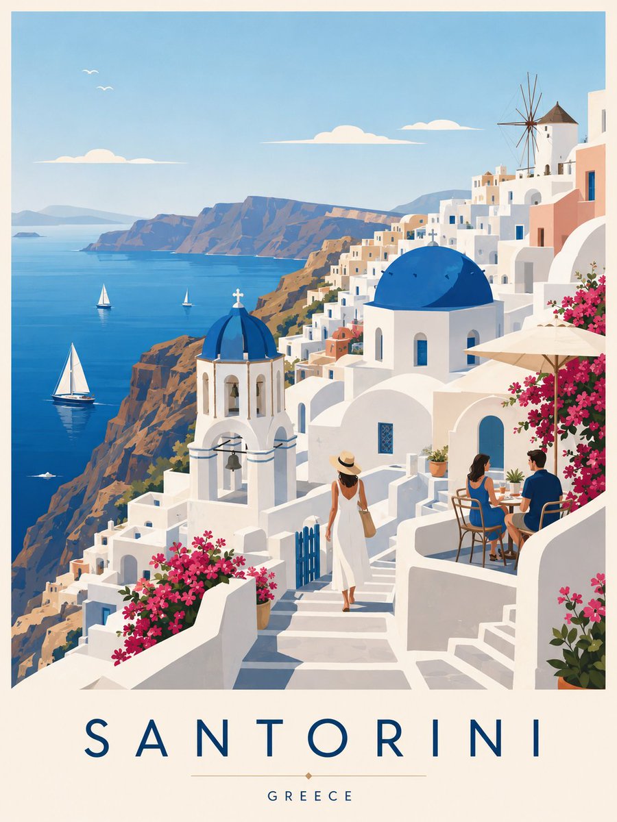 Create a premium editorial travel poster illustration of Santorini, Greece. Style: flat v…