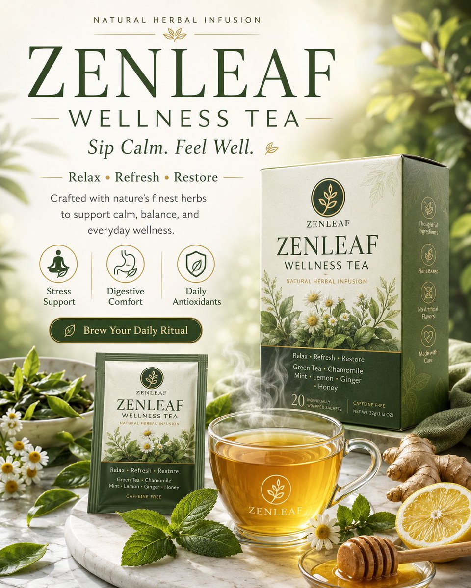 Create a premium wellness advertising poster for a tea brand. Design it as a polished com…