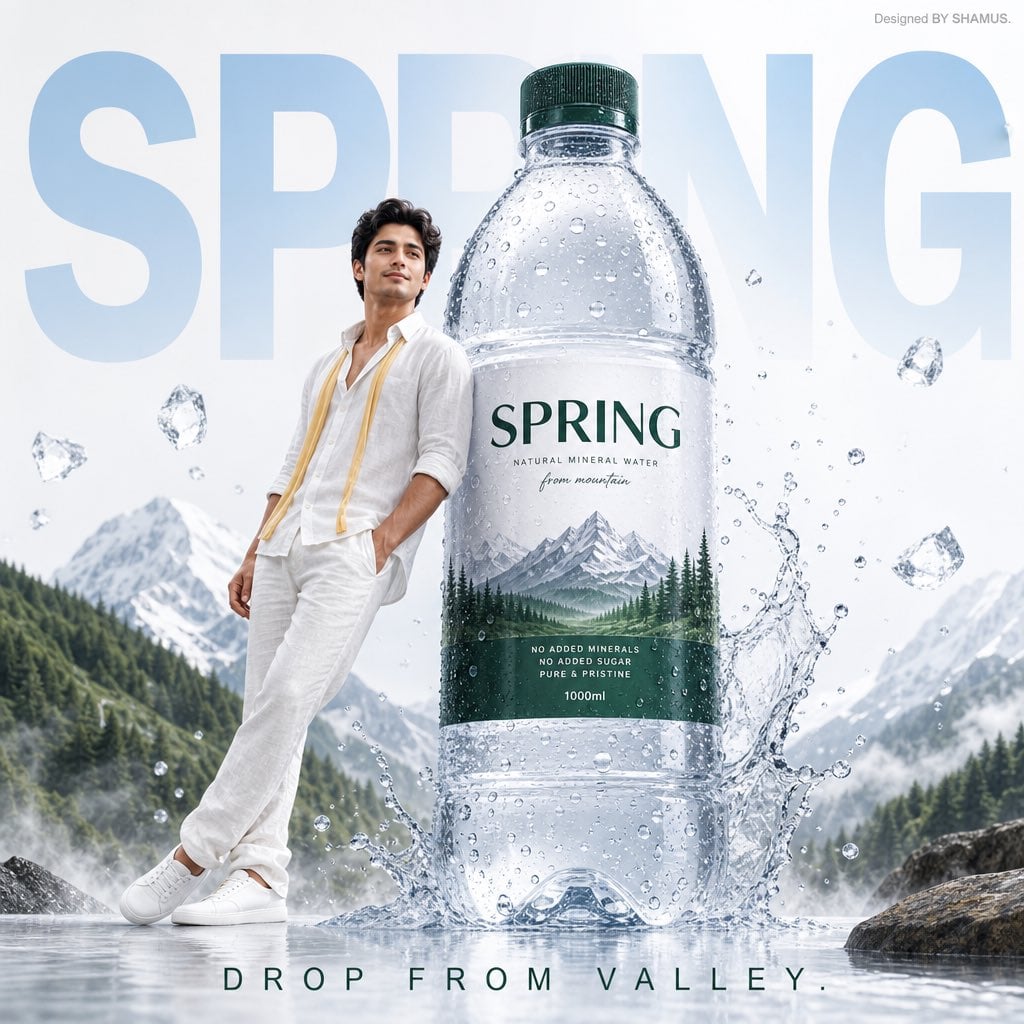 A premium mineral water advertisement poster featuring a fresh-faced young man in a relax…