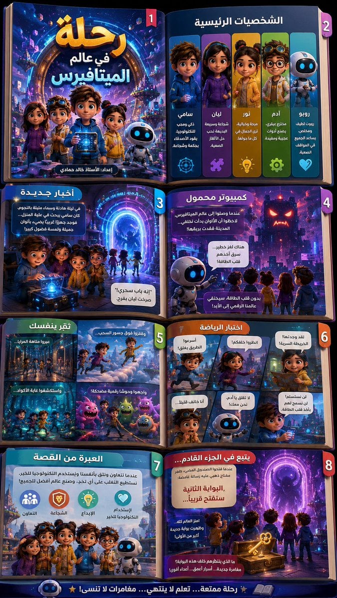Create a large Arabic infographic in the form of a small three-dimensional children's sto…