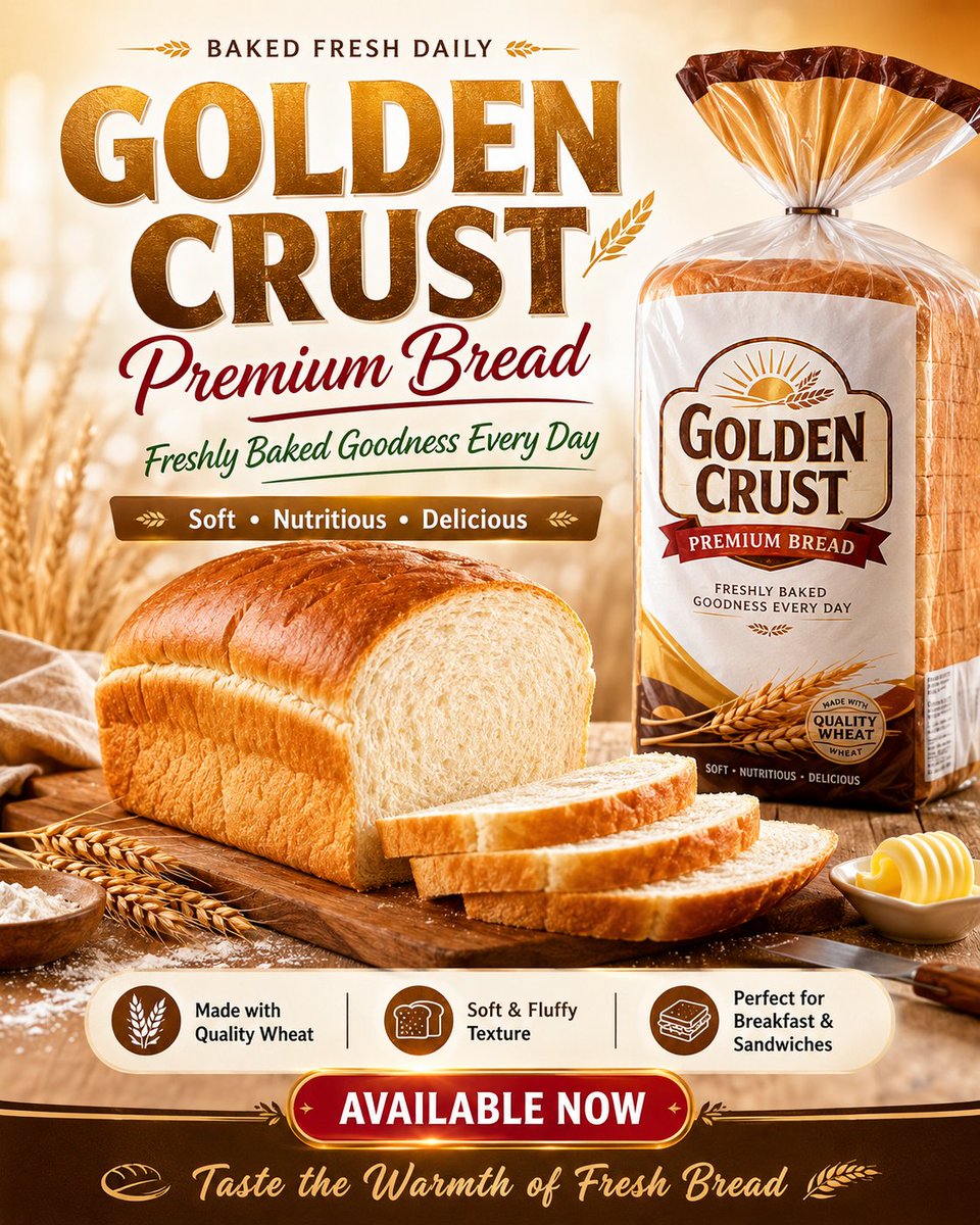 Create a high-quality branded flyer design for a bread product advertisement. Make it loo…