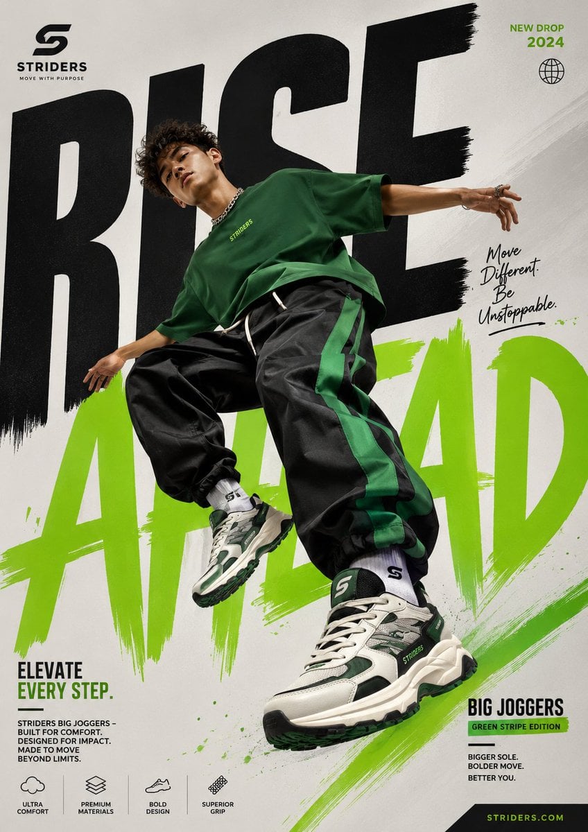 Generate a perfectly graphic designed poster of Shoe advertisement, The character should …