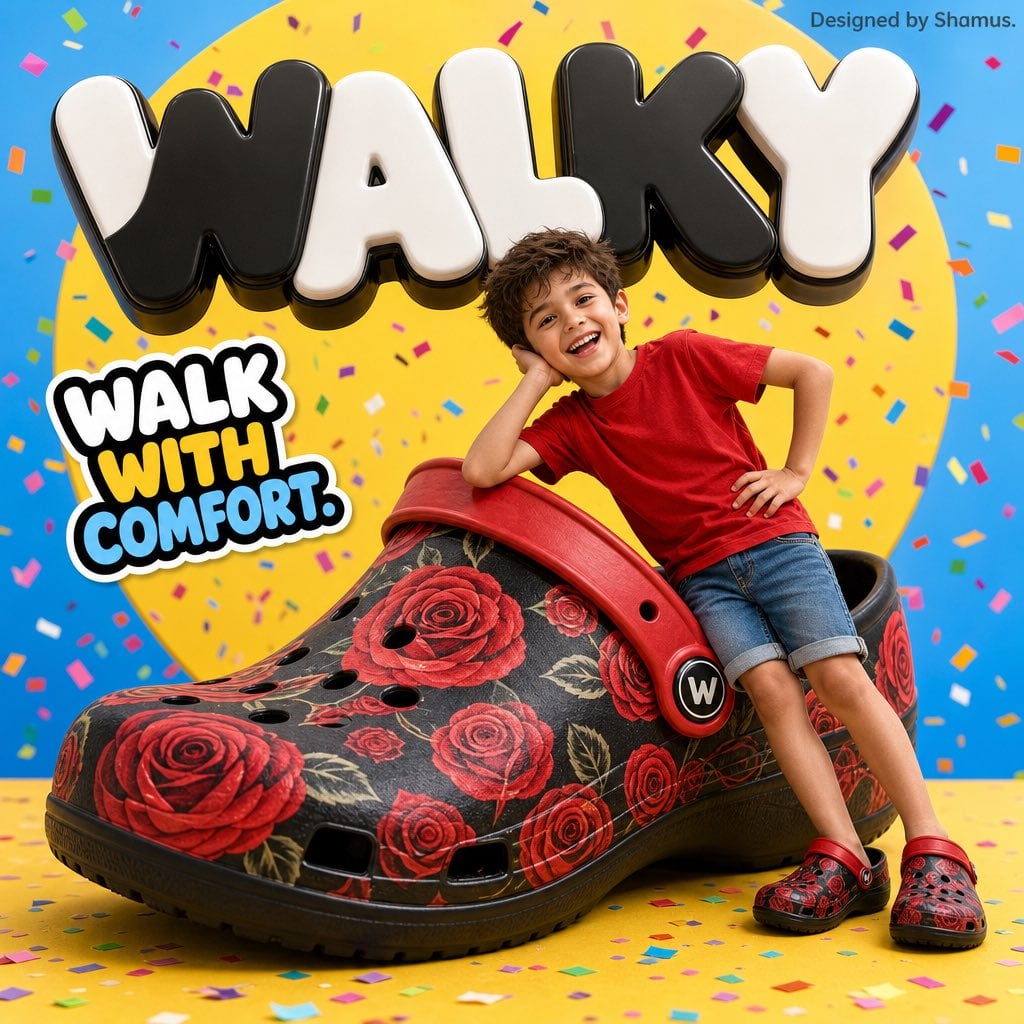 A vibrant children’s shoe advertisement poster featuring a joyful 7-year-old boy leaning …