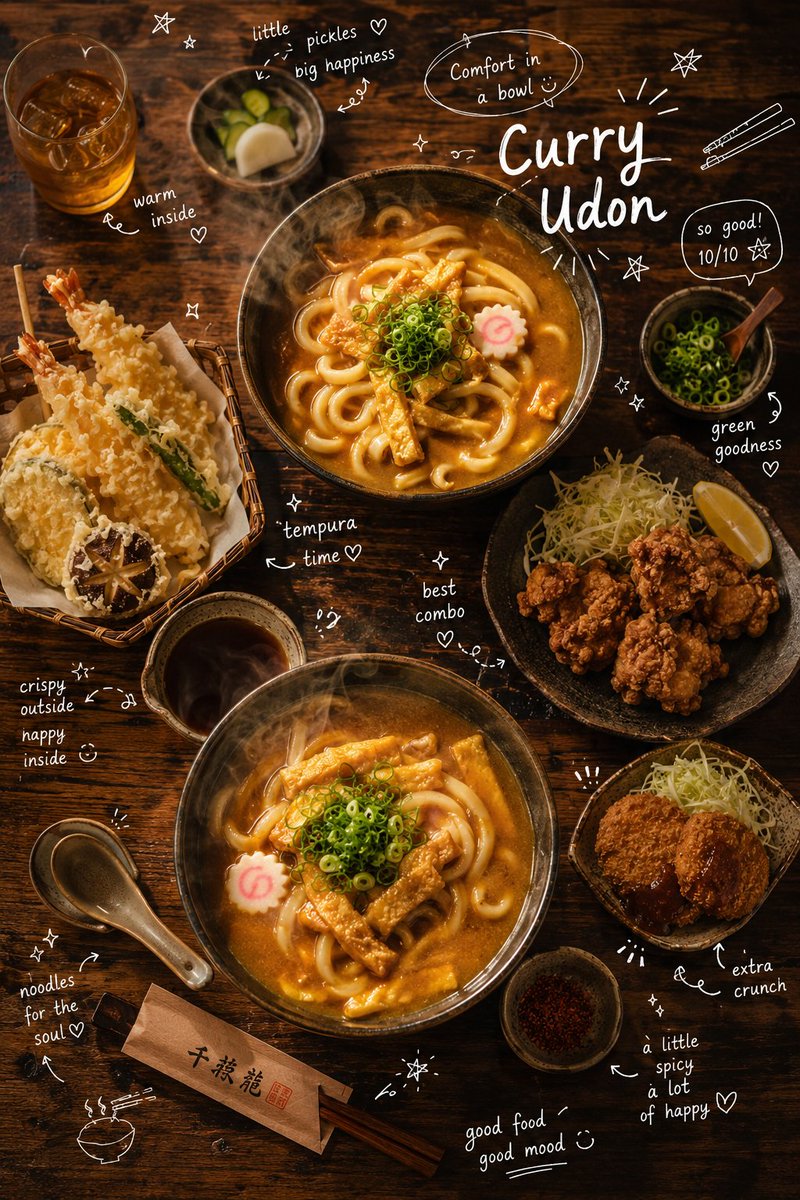 Overhead cinematic food photography of a comforting Japanese curry udon meal set placed o…