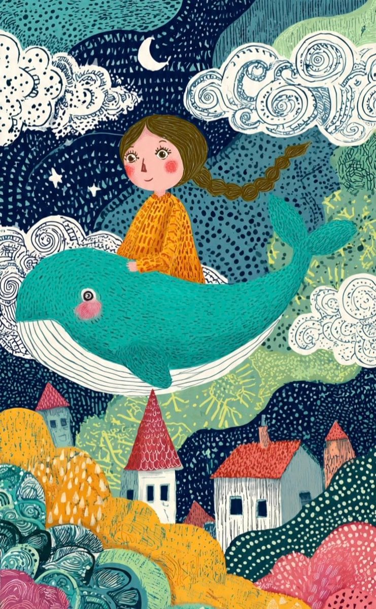 These two illustrations showcase a whimsical, folk-art style characterized by vibrant col…