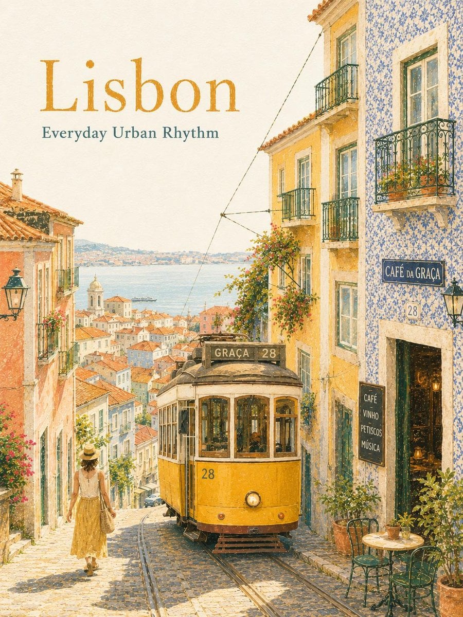 Dreamy vintage travel poster illustration of Lisbon, Portugal, featuring the iconic yello…