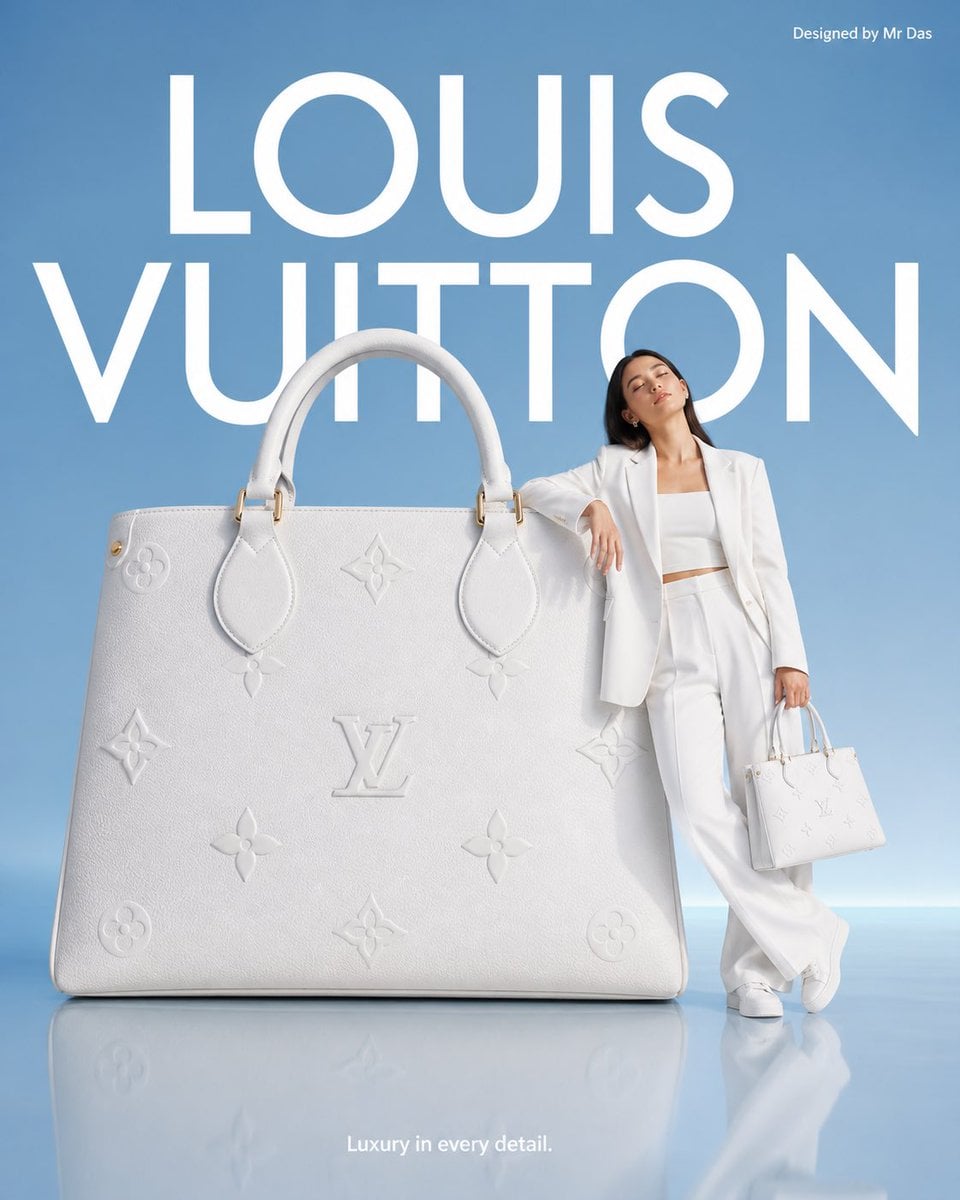 Minimalist commercial ad featuring oversized white Louis Vuitton handbag, ultra-clean des…