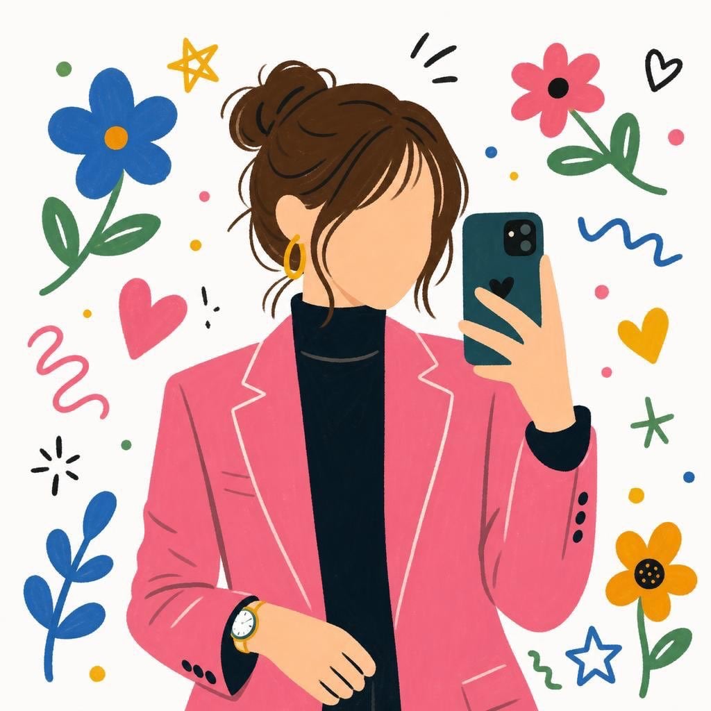 Cute faceless girl illustration in modern flat cartoon style, brown messy bun hairstyle w…
