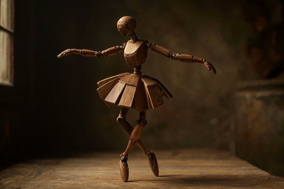 A wooden automaton version of a [subject], jointed with brass pins, natural wood tones in…