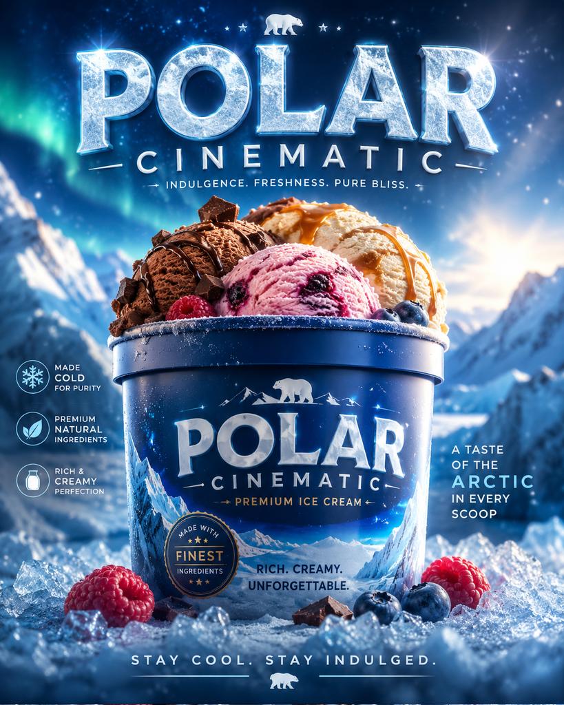 Create a captivating advertisement featuring a photo container of ice cream titled " Pola…