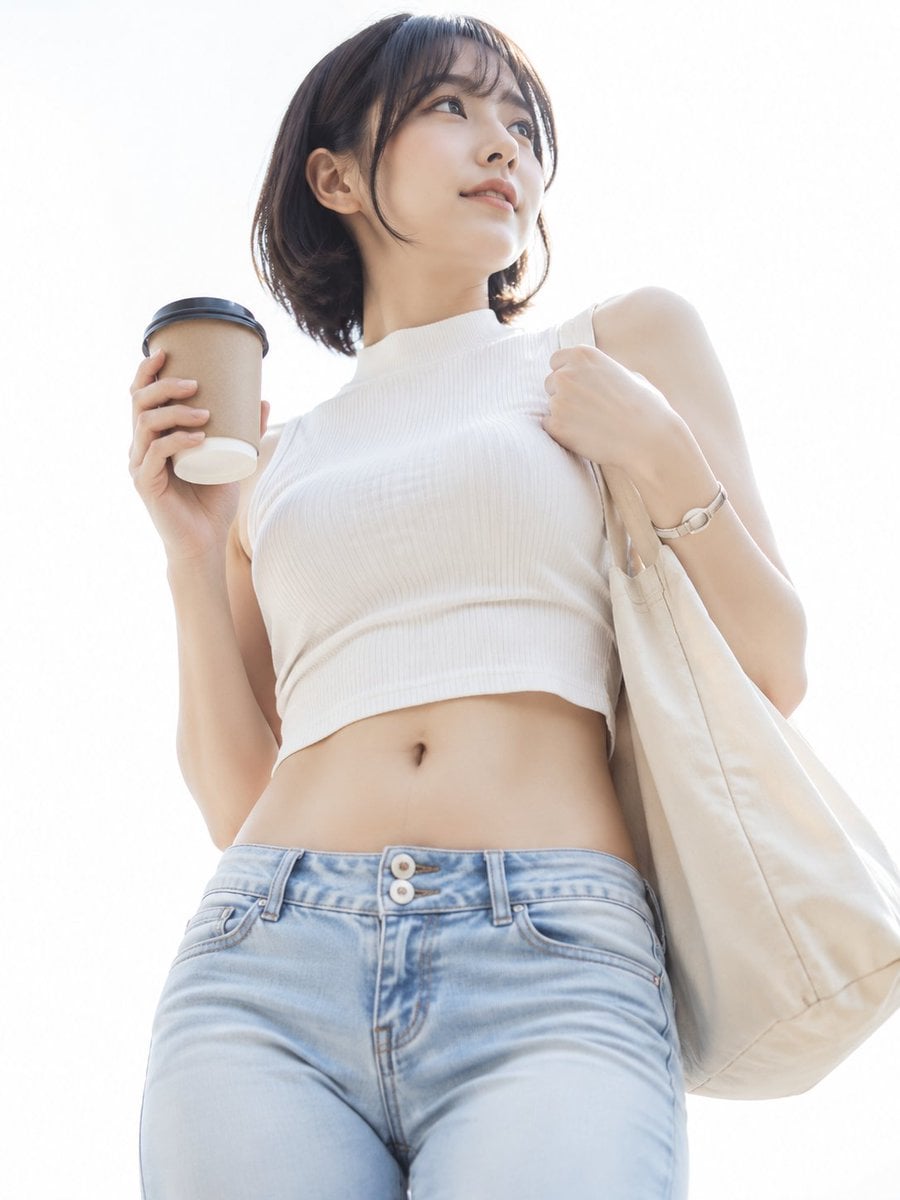 A fresh high-key white-background lifestyle portrait of a young woman in her 20s standing…
