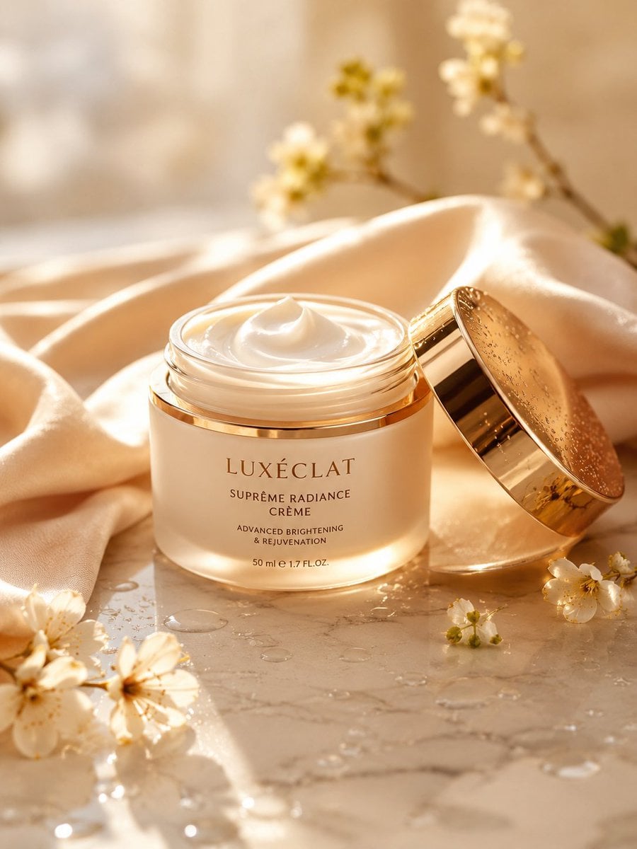 A premium skincare cream jar placed on a smooth marble surface, surrounded by soft beige …