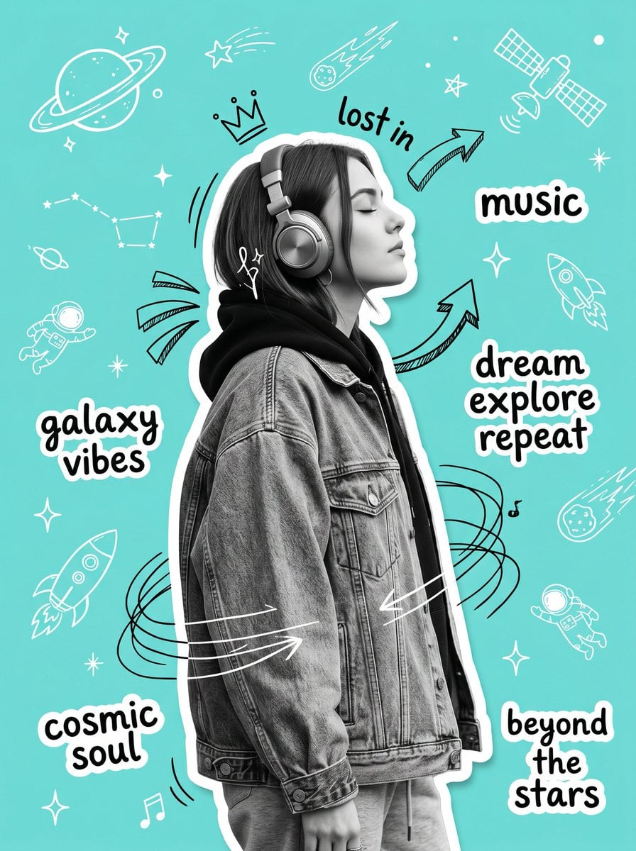 Create an original Y2K-inspired scrapbook collage poster featuring a stylish young woman …