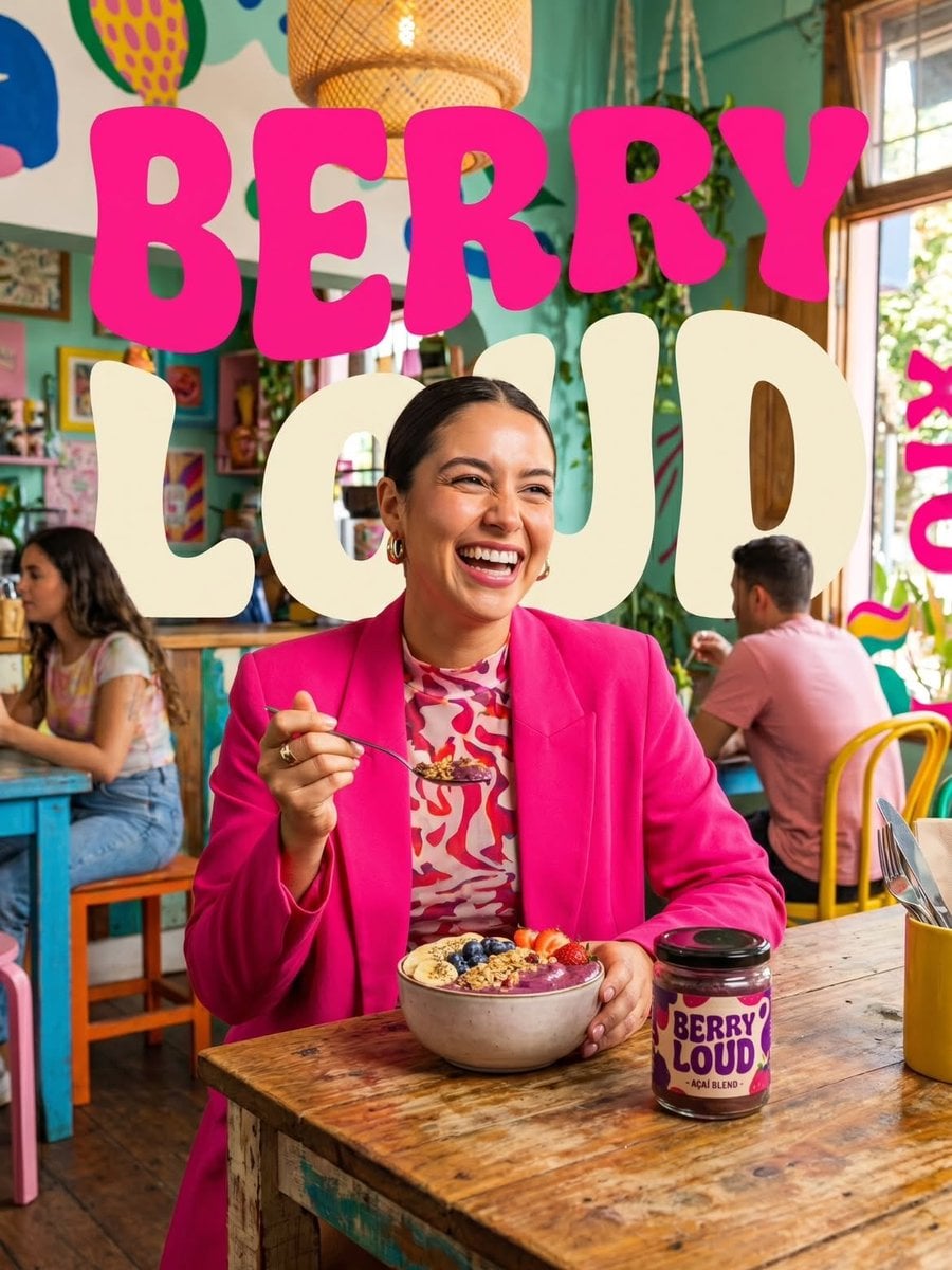 Vibrant lifestyle food advertisement, smiling woman in a bright hot pink blazer sitting i…
