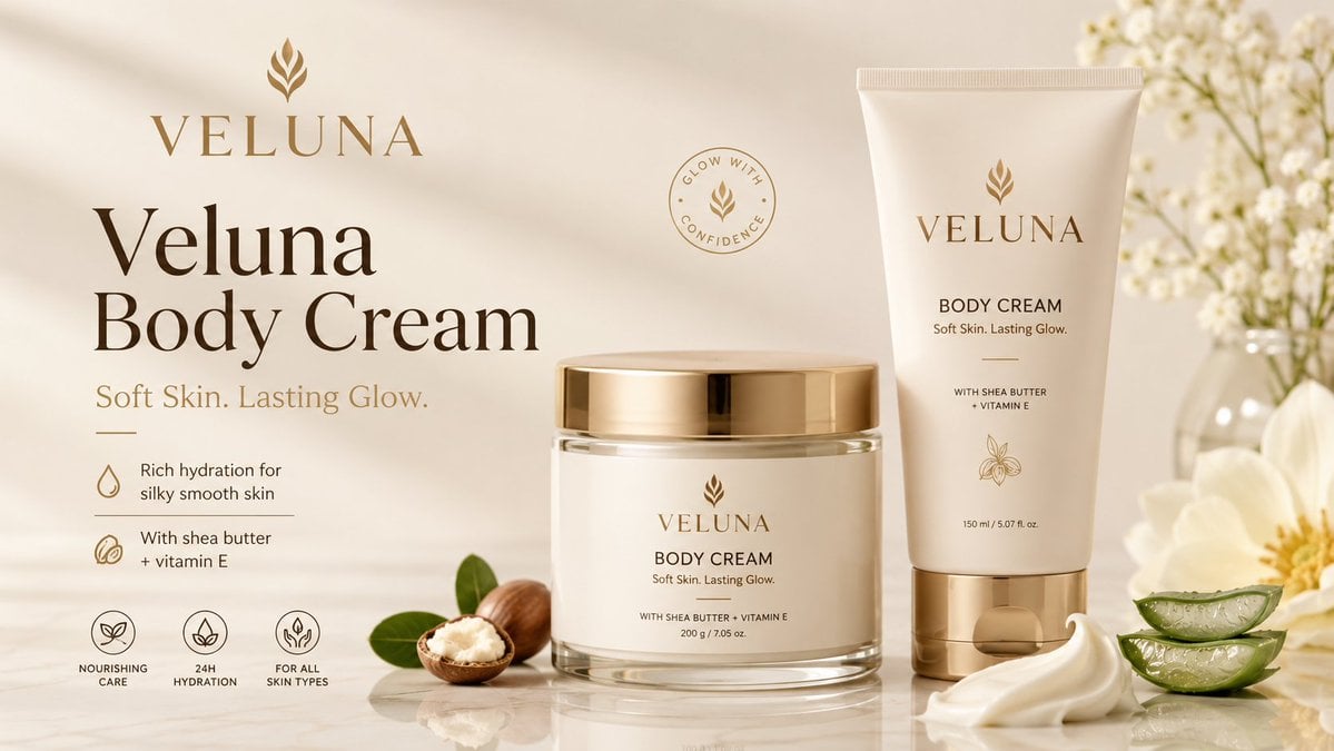 Create a premium clean mockup banner for a body cream product advertisement.