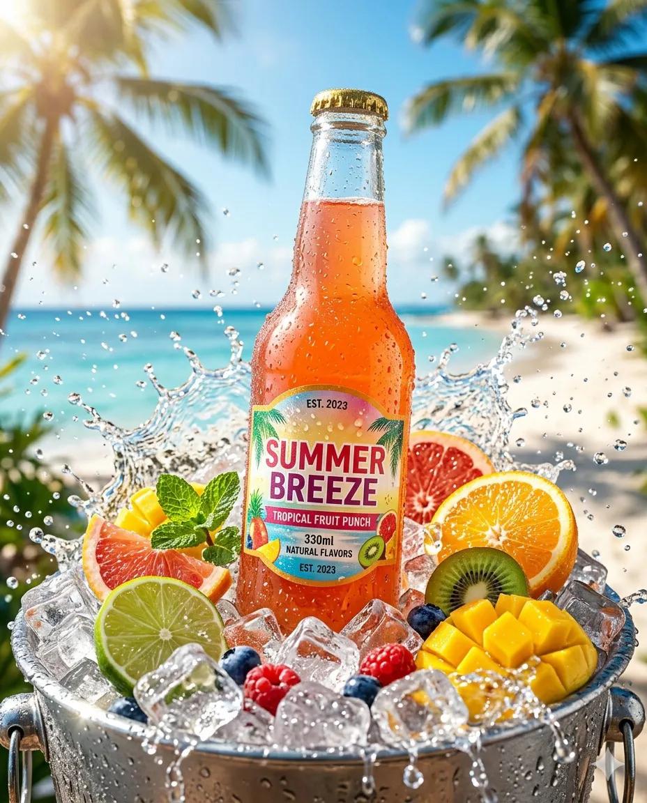 A refreshing cold drink bottle placed on wet ice cubes, surrounded by water splashes, fre…