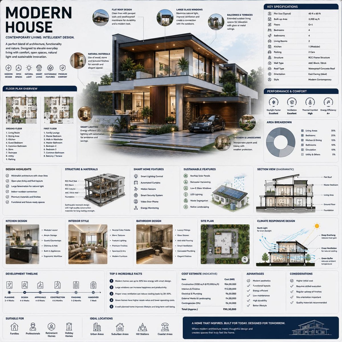 Create a premium square “reference-style architectural infographic” centered around a lux…