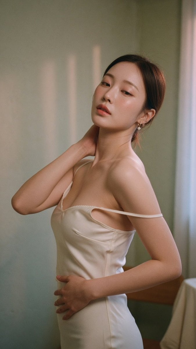 Realistic film photography, upper-body portrait of a beautiful adult Korean female idol w…