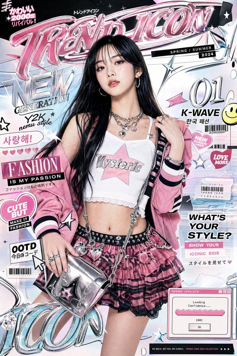 Ultra-stylized luxury fashion editorial poster featuring a confident young Asian woman ce…