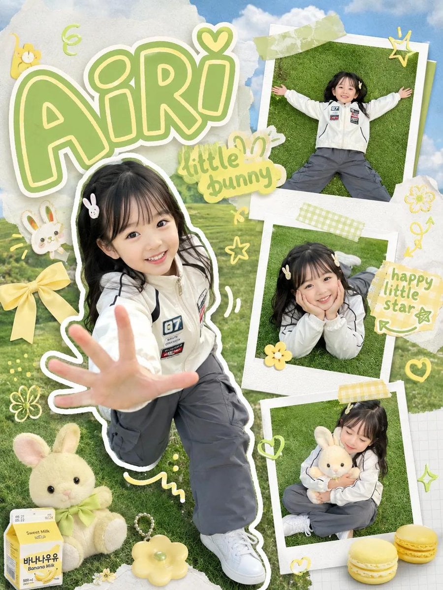 Kawaii scrapbook-style children photography poster, cute little girl with long black hair…