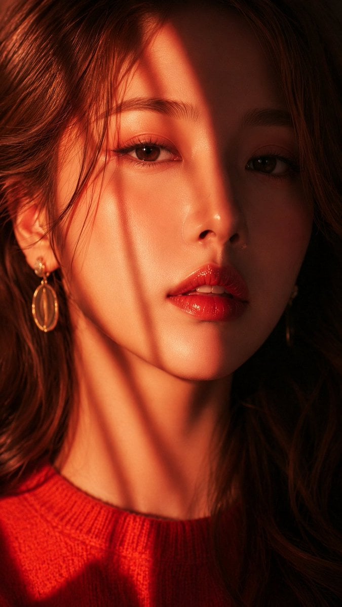 A stunning, high-resolution close-up portrait of an East Asian woman, gazing directly at …