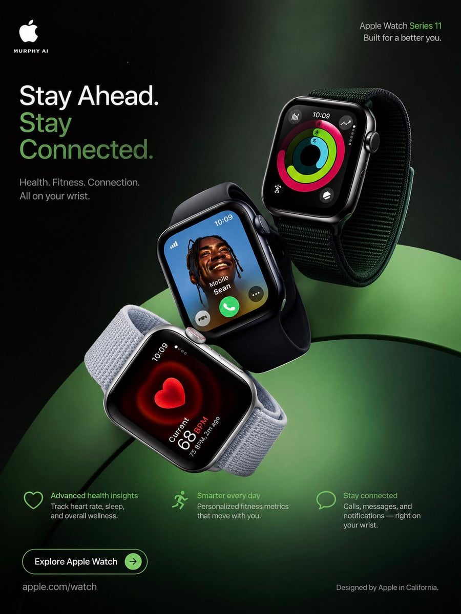 Ultra-premium 4:5 vertical luxury campaign poster for Apple Watch Series 11, 8K cinematic…