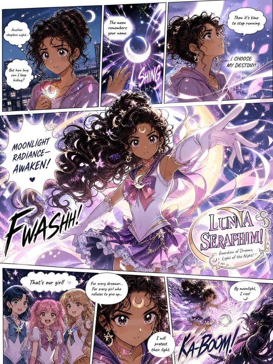 Create a full-page colored magical-girl manga illustration inspired by Sailor Moon aesthe…