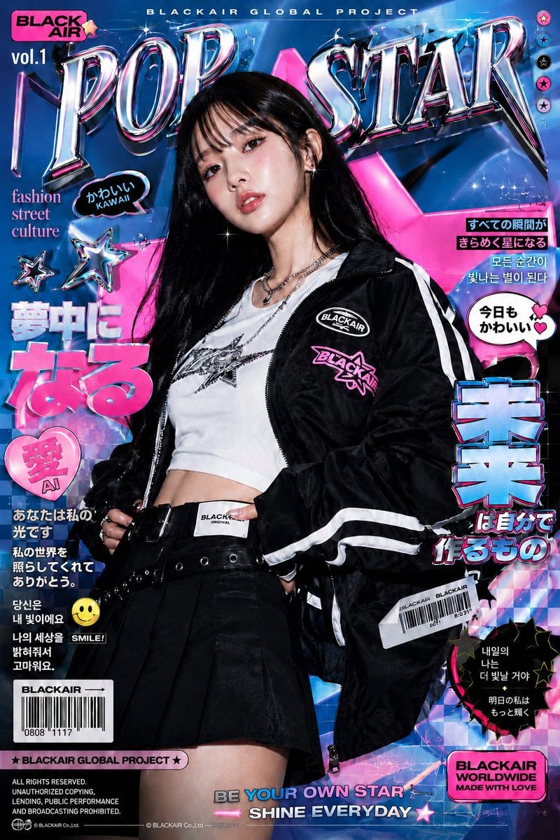 Ultra-stylized high-fashion editorial poster of a confident young Asian female model stan…