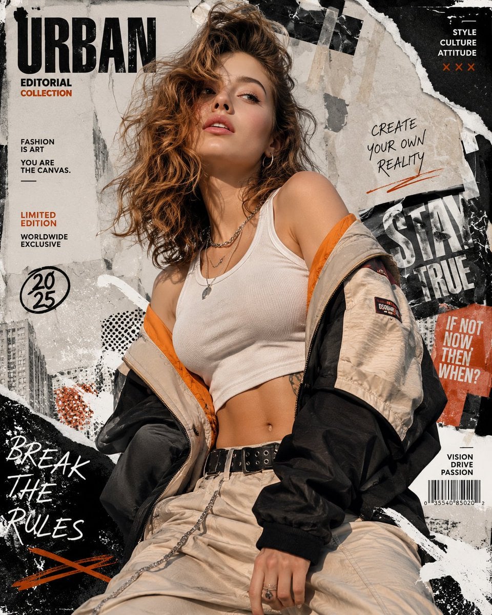 Create a high-resolution 8K portrait poster in an Urban Fashion Editorial Collage style, …